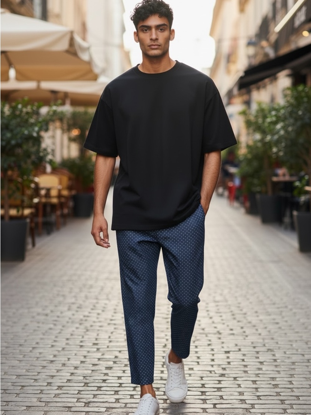Zara Man Basic Printed Chino Slim Pants | Blue White Geometric 32